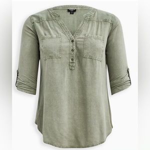 Torrid Harper Pullover Blouse - Stretch Challis Olive Mineral Wash Plus Size 2